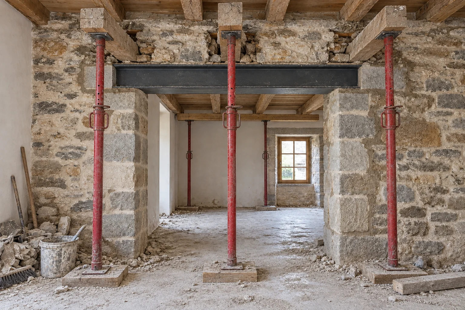 Chantier d’ouverture d’un mur porteur en pierre avec étais, madriers traversants et linteau métallique