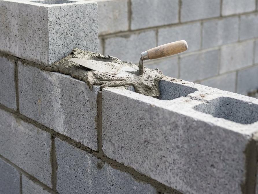 Construction de mur de clôture en parpaings de ciment gris dans le Morbihan