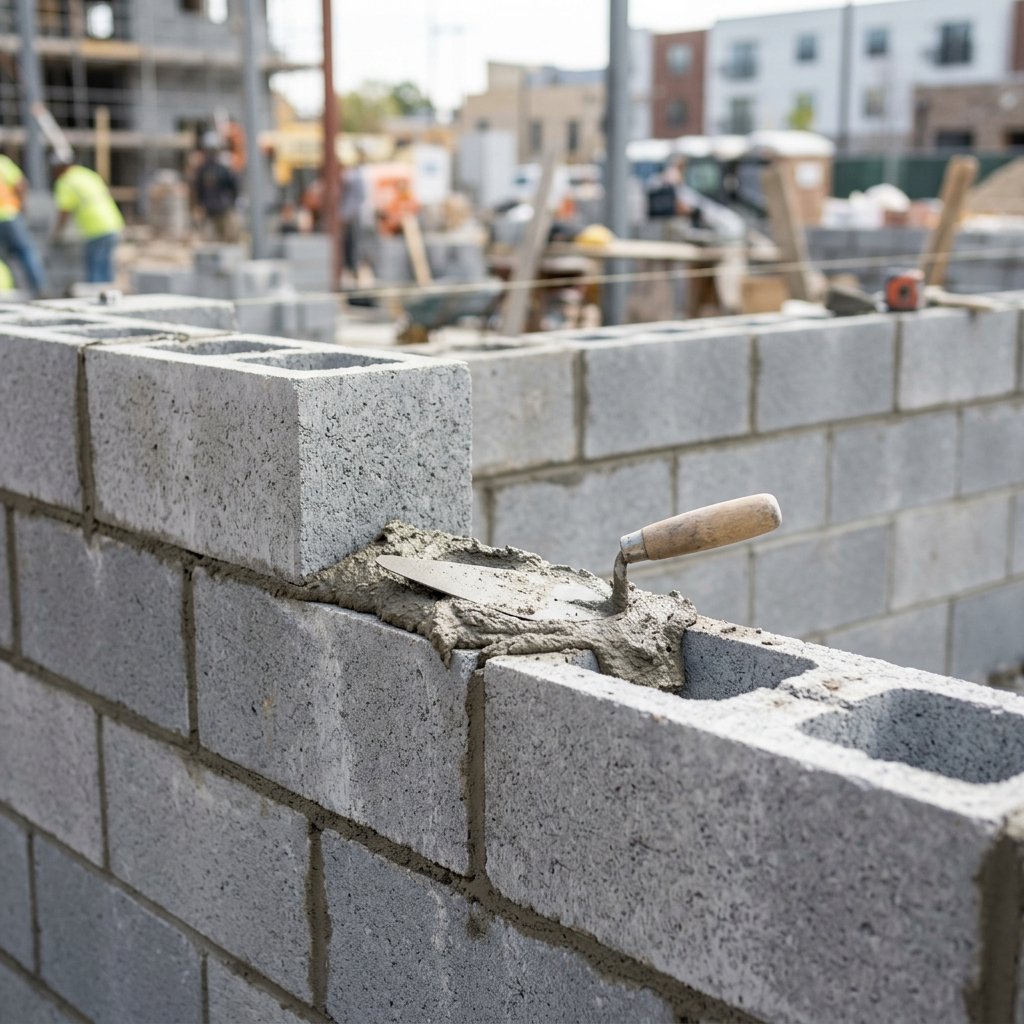 Construction de mur de clôture en parpaings de ciment gris