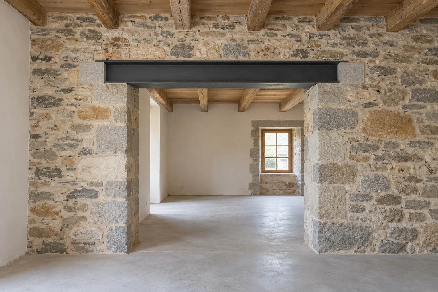 Ouverture dans un mur porteur en pierre avec linteau métallique et jambages maçonnés
